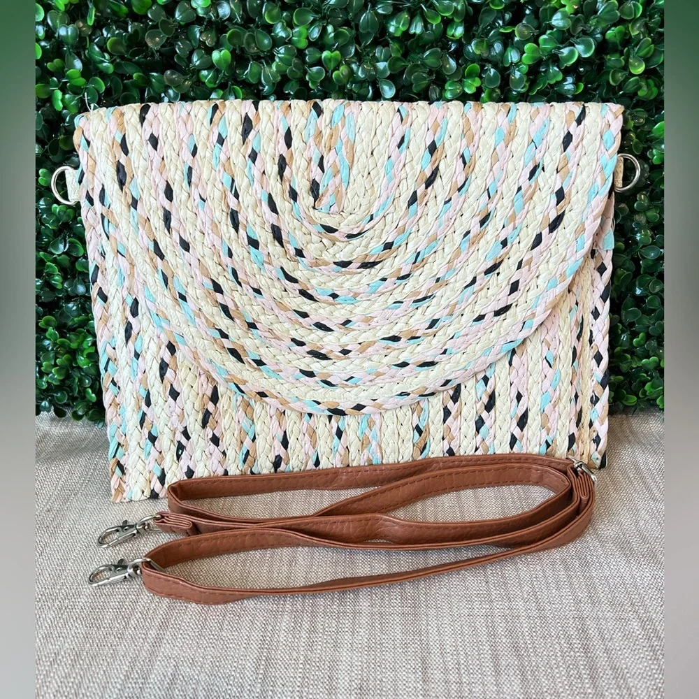 New Straw Weave Envelope Clutch | Crossbody Bag | Multicolor | Detachable Strap